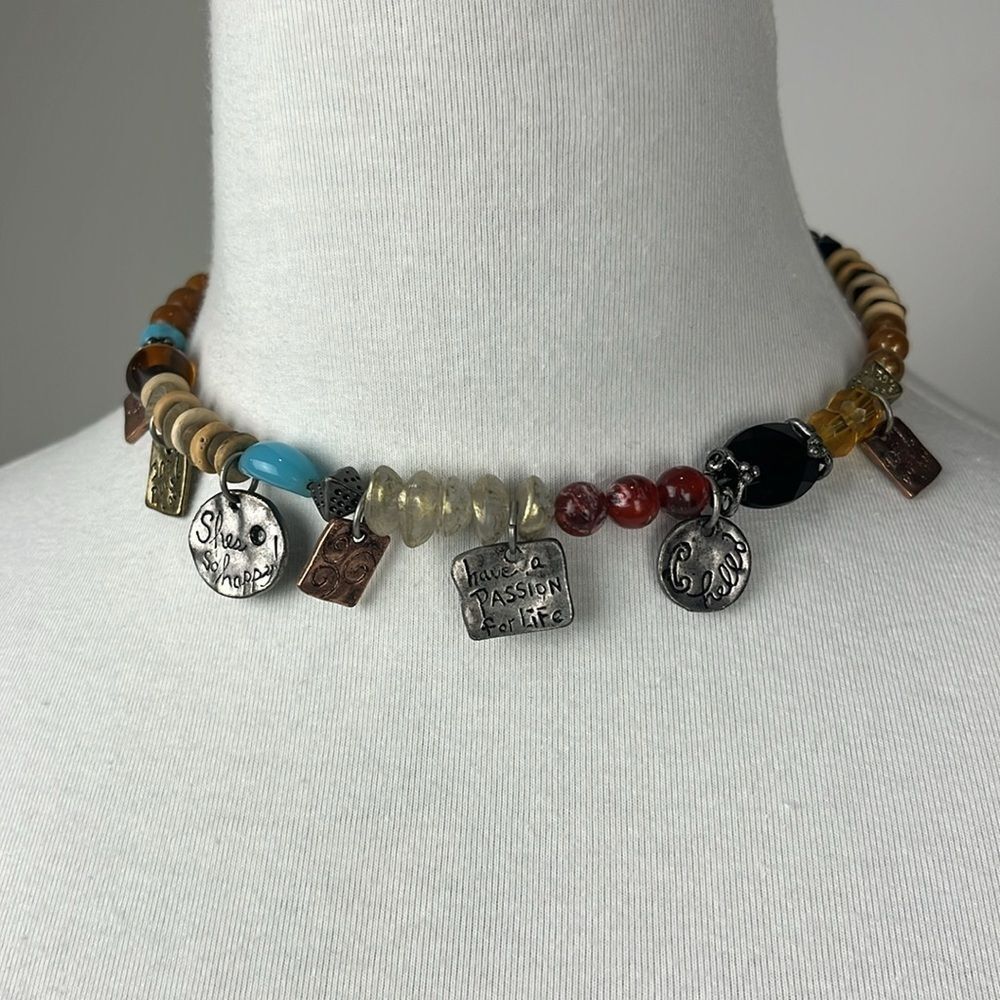Boho Beaded Choker Wired Dangle Charm Necklace Earthy Hippie Festival 90s Whimsy
